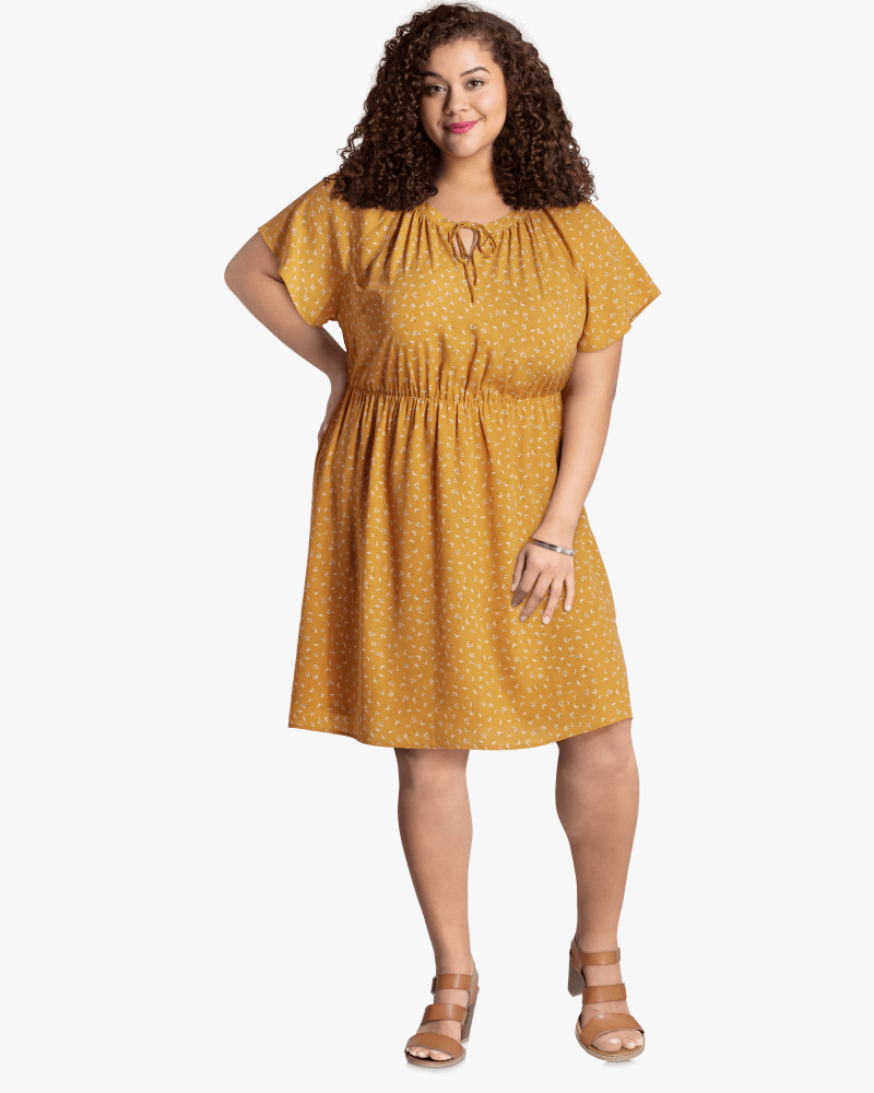 Plus size model with diamond body shape wearing Augusta Keyhole Dress by Molly&Isadora | Dia&Co | dia_product_style_image_id:123042